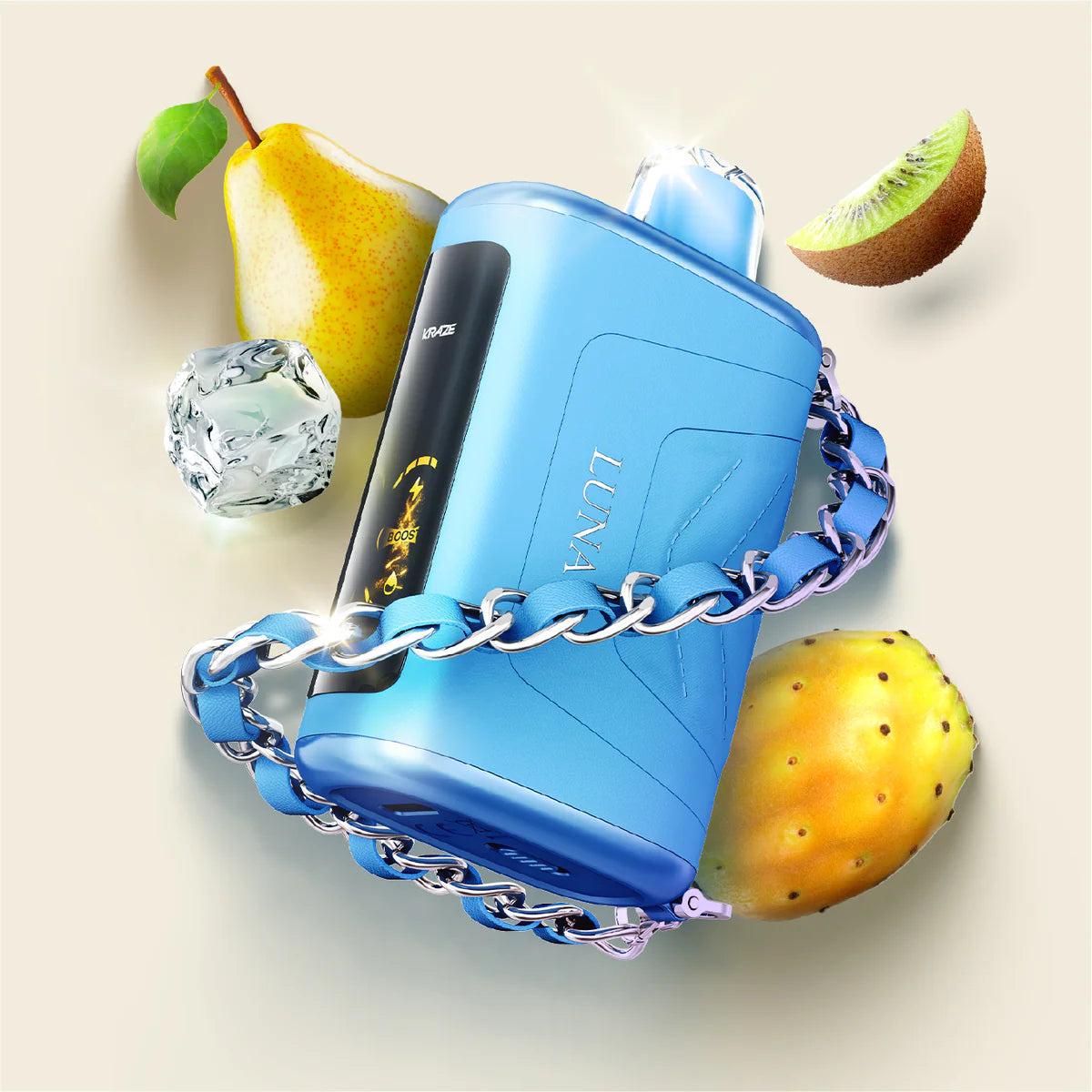 Blue Kiwi Pear Cactus G Ice with fruit and ice on a light background