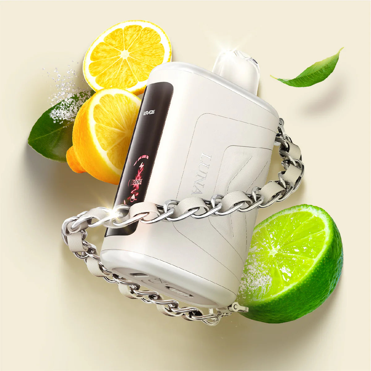 White juicer with chain, surrounded by lemon and lime slices on a light background