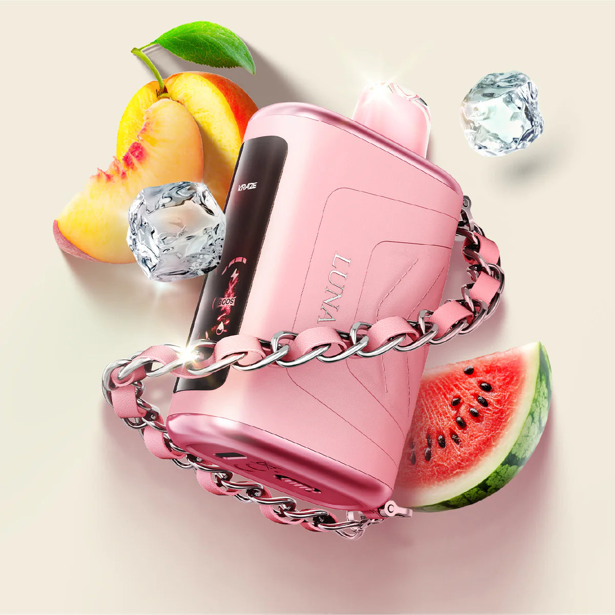 Pink handbag vape with chain detail on a light background with fruit and gemstone decorations