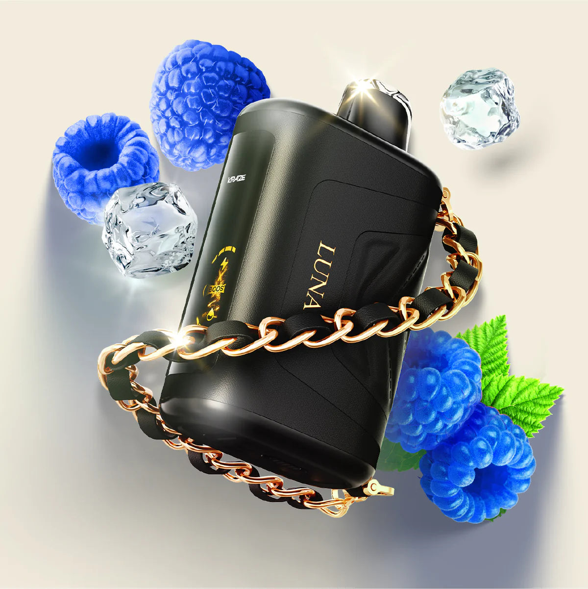 Black device with gold chain, surrounded by blueberries and diamonds on a light background