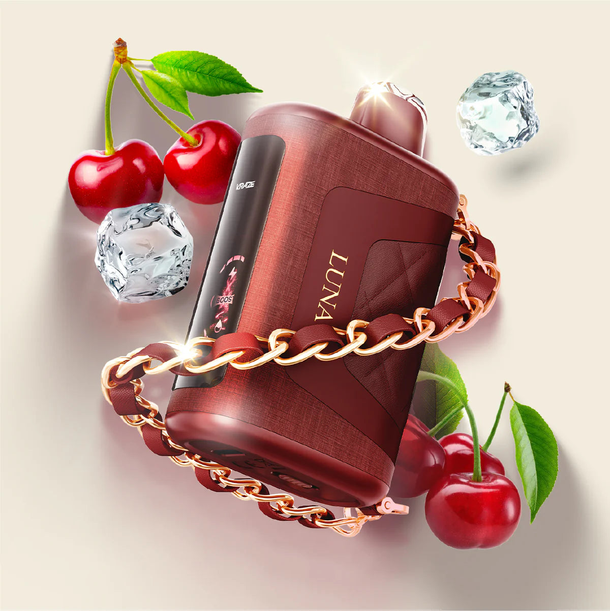 Red electronic device with 'LUNA' branding, surrounded by cherries and diamonds on a light background