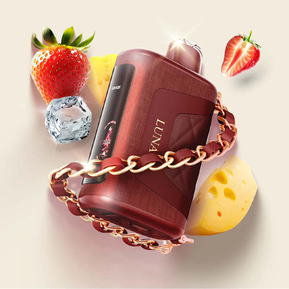 Red vape device with gold chain, surrounded by strawberries, a diamond, and cheesecake bits on a light background