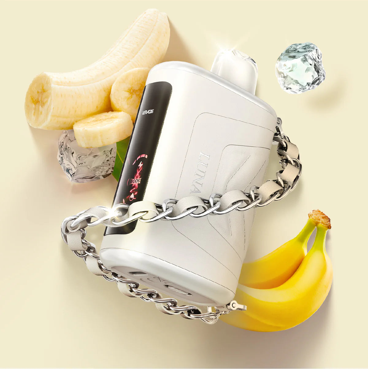 White electronic device with chain, bananas, and a diamond on a beige background