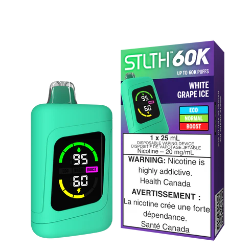 STLTH 60K White Grape Ice vape with clean white and purple grape design