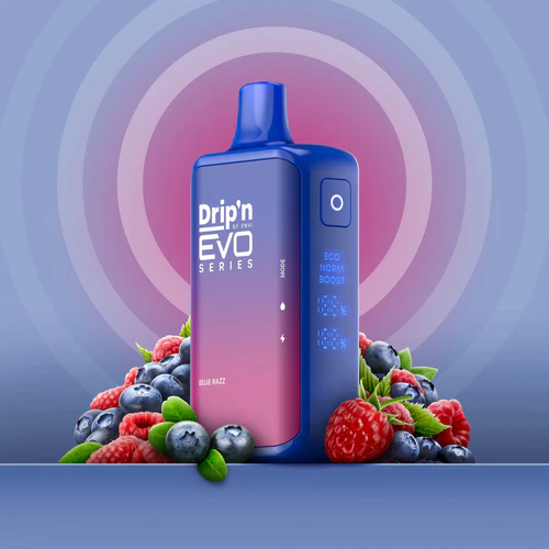 Envi Drip'n EVO 28K – Blue Razz disposable vape with a bright blue background and flavor-themed packaging