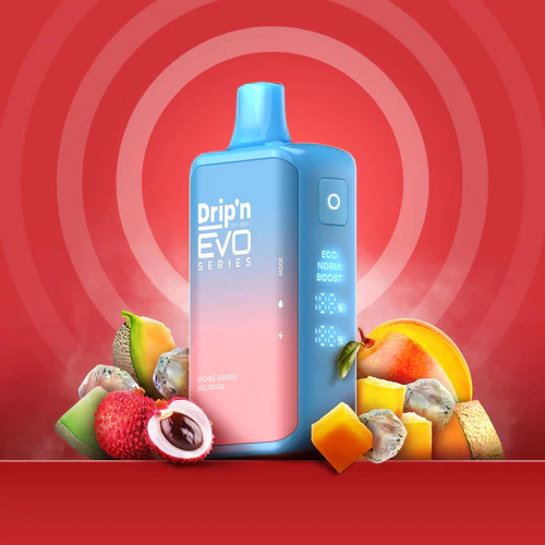 Envi Drip'n EVO 28K Lychee Mango Melon Ice vape featuring tropical fruit artwork and icy accents