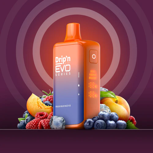 Envi Drip'n EVO 28K Peach Blue Razz Ice vape with vibrant peach and berry-themed packaging