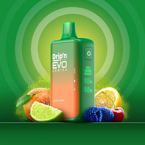 Envi Drip'n EVO 28K Snazzy S Storm disposable vape with a bold lightning-style design and dark color palette