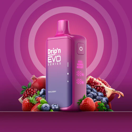 Envi Drip'n EVO 28K Triple Berry vape showing a mix of berries in a colorful, fruity label design
