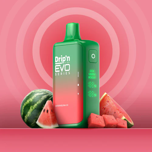 Envi Drip'n EVO 28K Watermelona CG vape with bright green and pink watermelon-inspired artwork