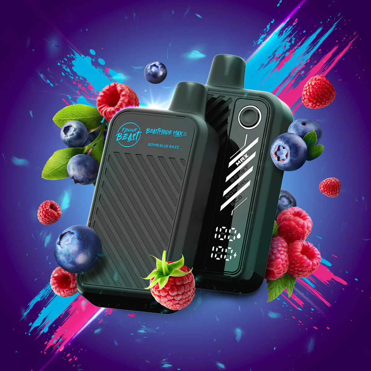 Flavour Beast Mode Max 2 Bomb Blue Razz vape with electric blue accents