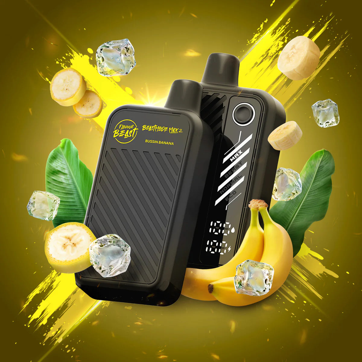 Flavour Beast Mode Max 2 Bussin' Banana Iced vape in tropical yellow design