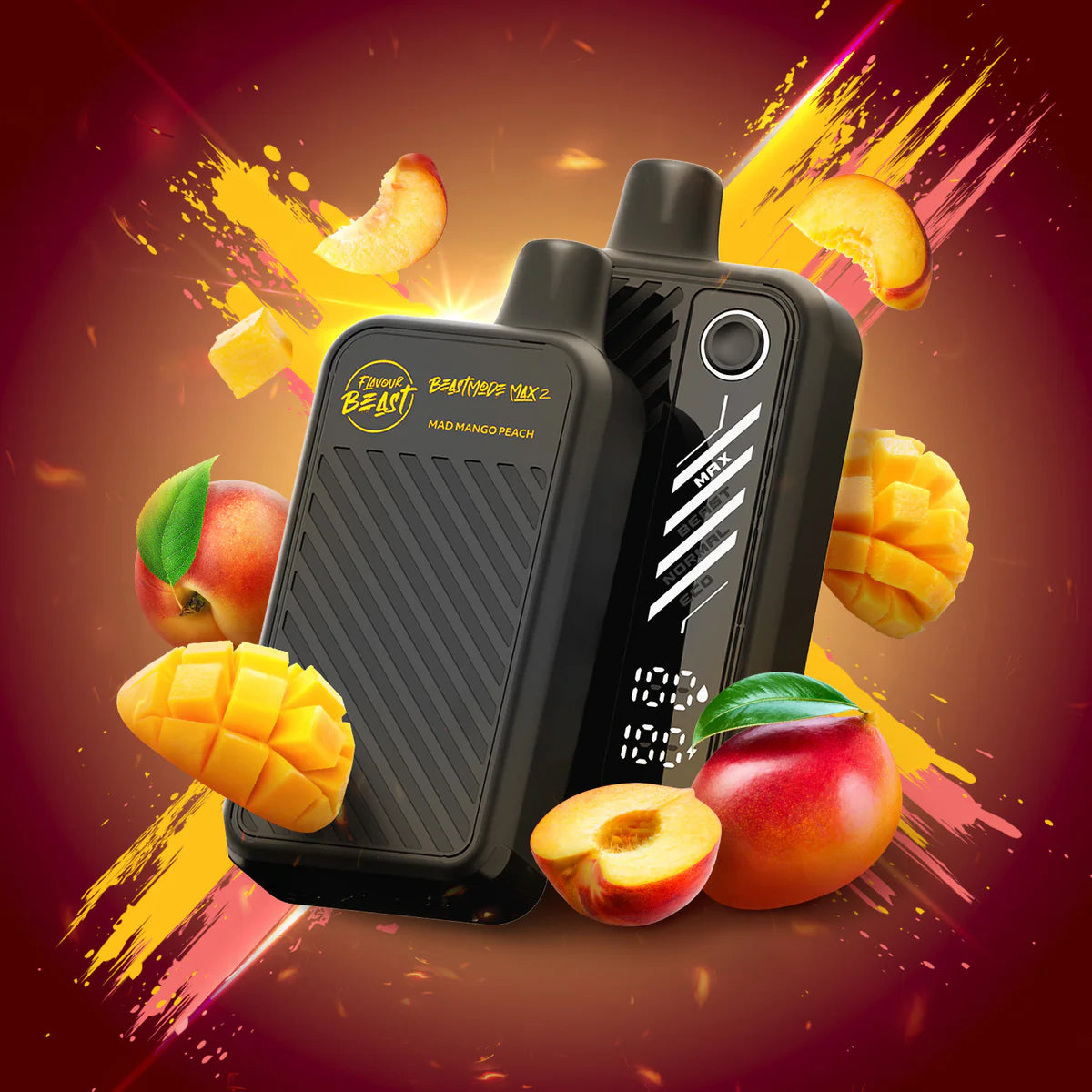Flavour Beast Mode Max 2 Mad Mango Peach vape in vibrant orange and yellow tones