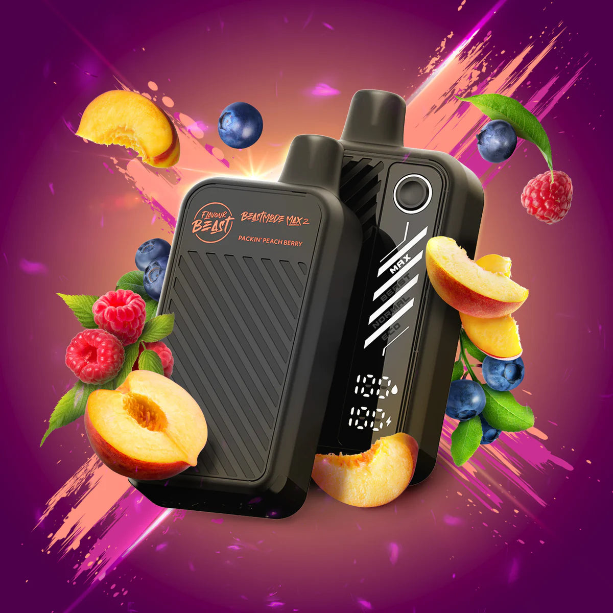 Flavour Beast Mode Max 2 Packin' Peach Berry vape with berry and peach illustrations