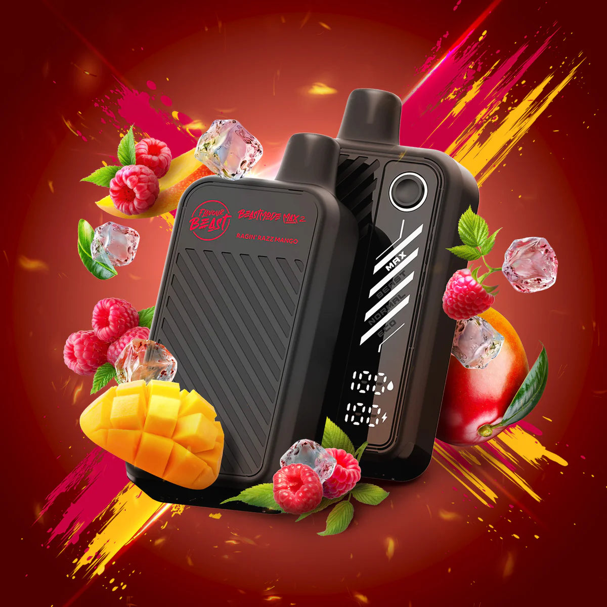 Flavour Beast Mode Max 2 Ragin' Razz Mango Iced vape in orange and raspberry graphics
