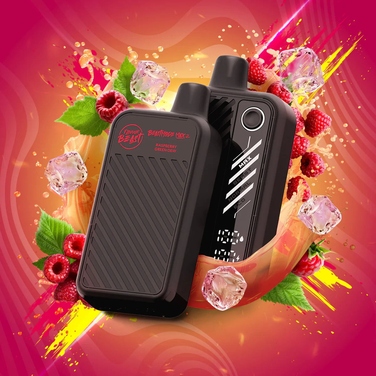 Flavour Beast Mode Max 2 Raspberry Green Dew Iced vape with green and red styling