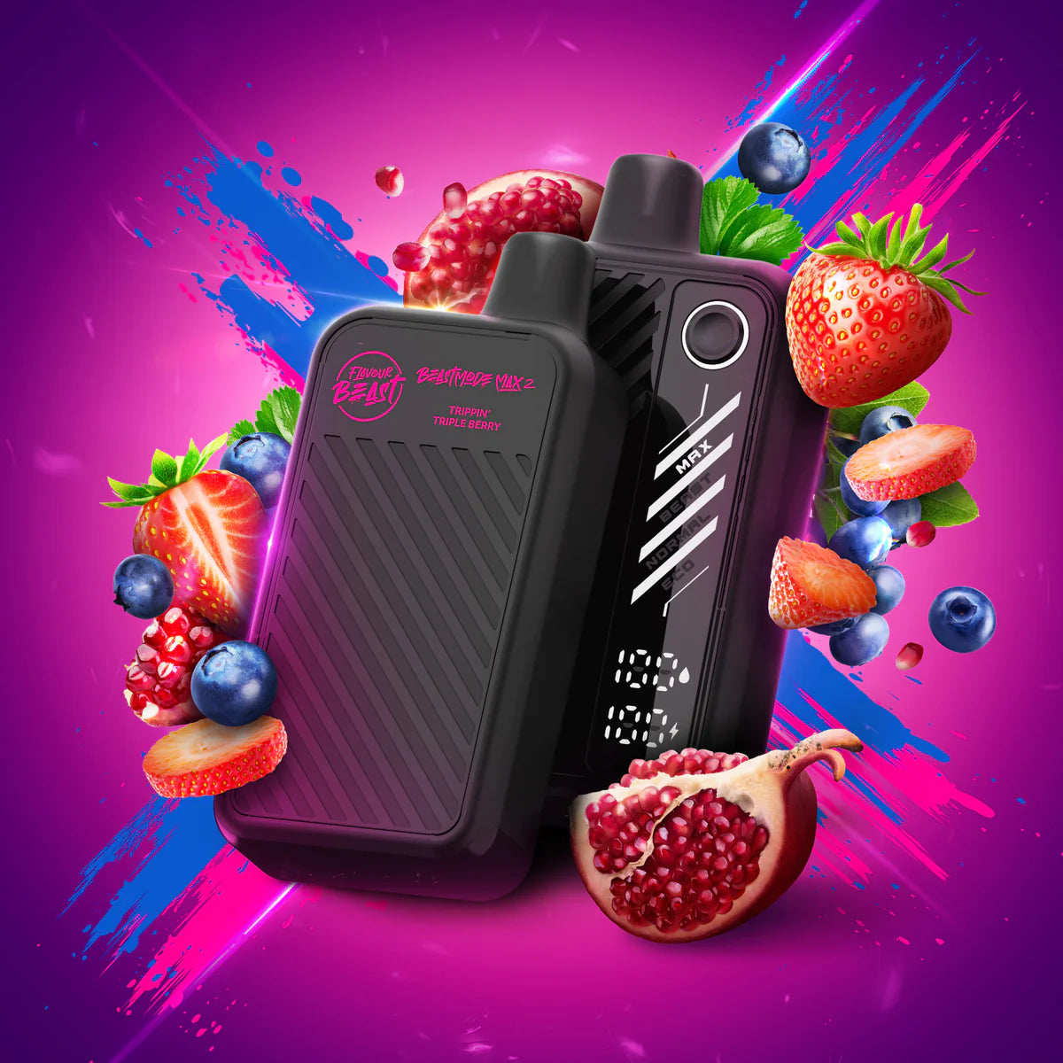Flavour Beast Mode Max 2 Trippin' Triple Berry vape with vibrant berry collage