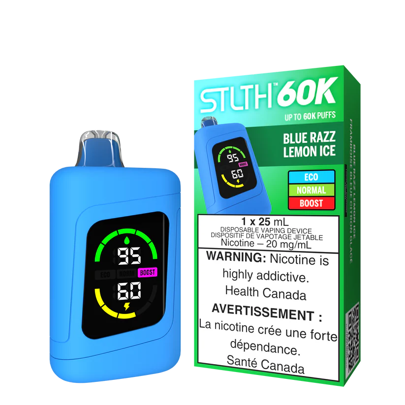 STLTH 60K vape in Blue Razz Lemon Ice flavour with citrus and berry label