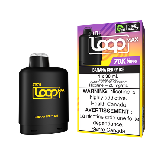 STLTH Loop Max 70K Pod – Banana Berry Ice flavor with tropical fruit and icy berry graphics