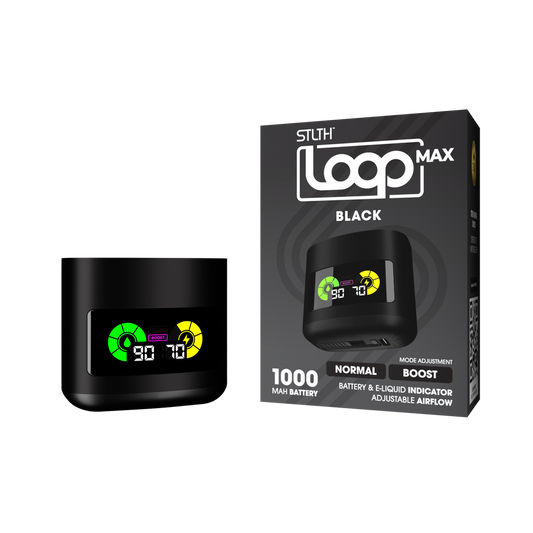 STLTH Loop Max Device in sleek black finish, featuring LED display and adjustable airflow